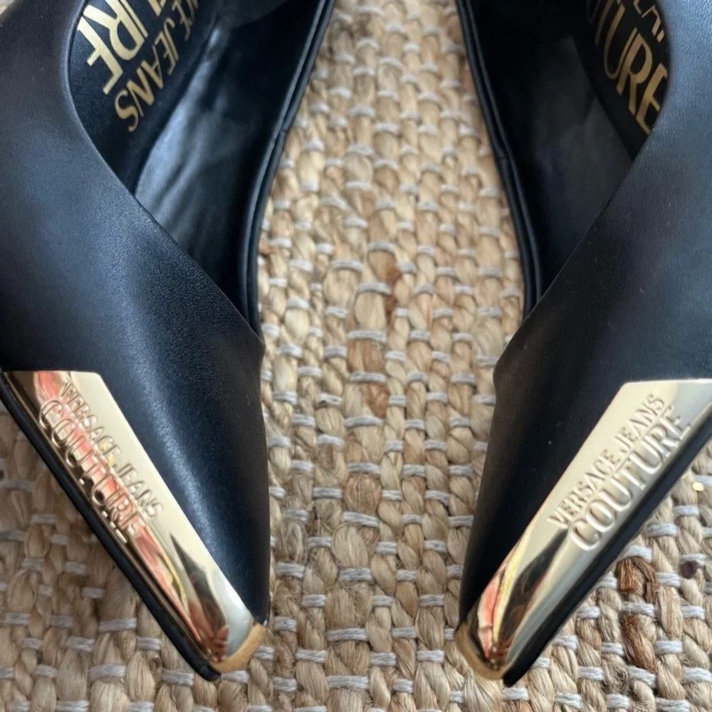 Versace Black Leather Pointed Pumps with Gold Toe Caps - Picture 6 of 11